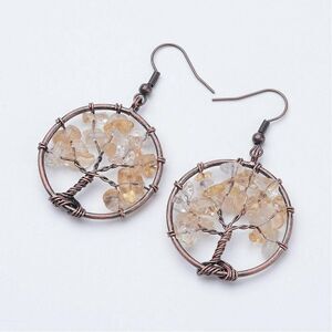 Rustic Antique Copper Citrine Tree of Life Gemstone Beads Dangle Earrings